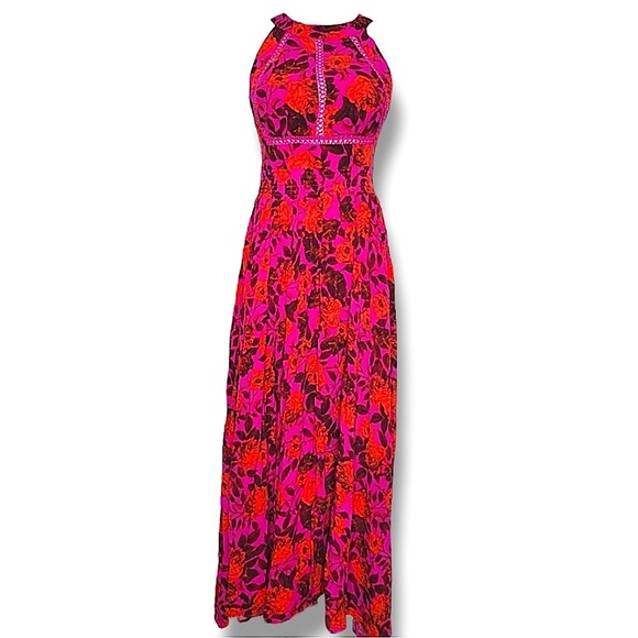 Abel The Label Halter Top Maxi Dress Women S Floral Backless Cut Out Smocked Red - Picture 2 of 10